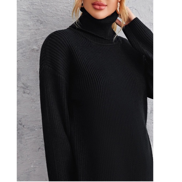Black Cable Knit Long Turtleneck Sweater Side Cut, Slit Long Sleeves - Picture 5 of 7